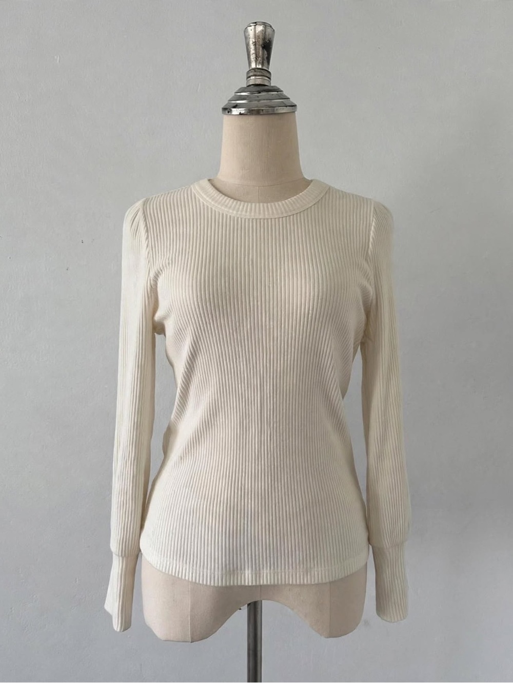 Denver Hayes Cream White Fitted Ribbed Knit Long Sleeve Top Puff Shoulder Size M